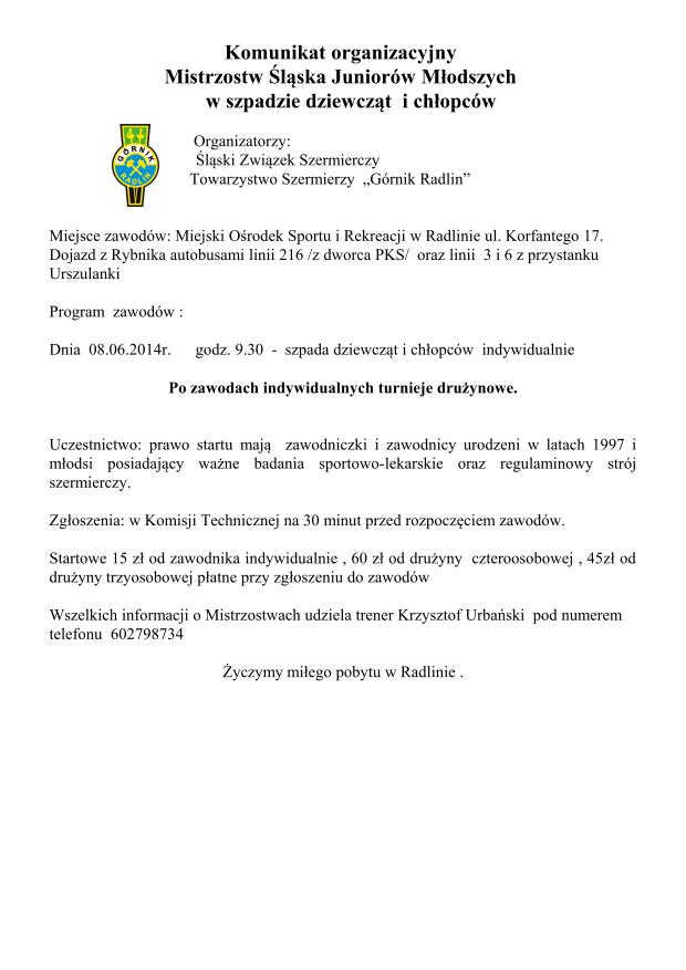 Mistrzostwa Śląska Juniorów Młodszych Radlin 2014