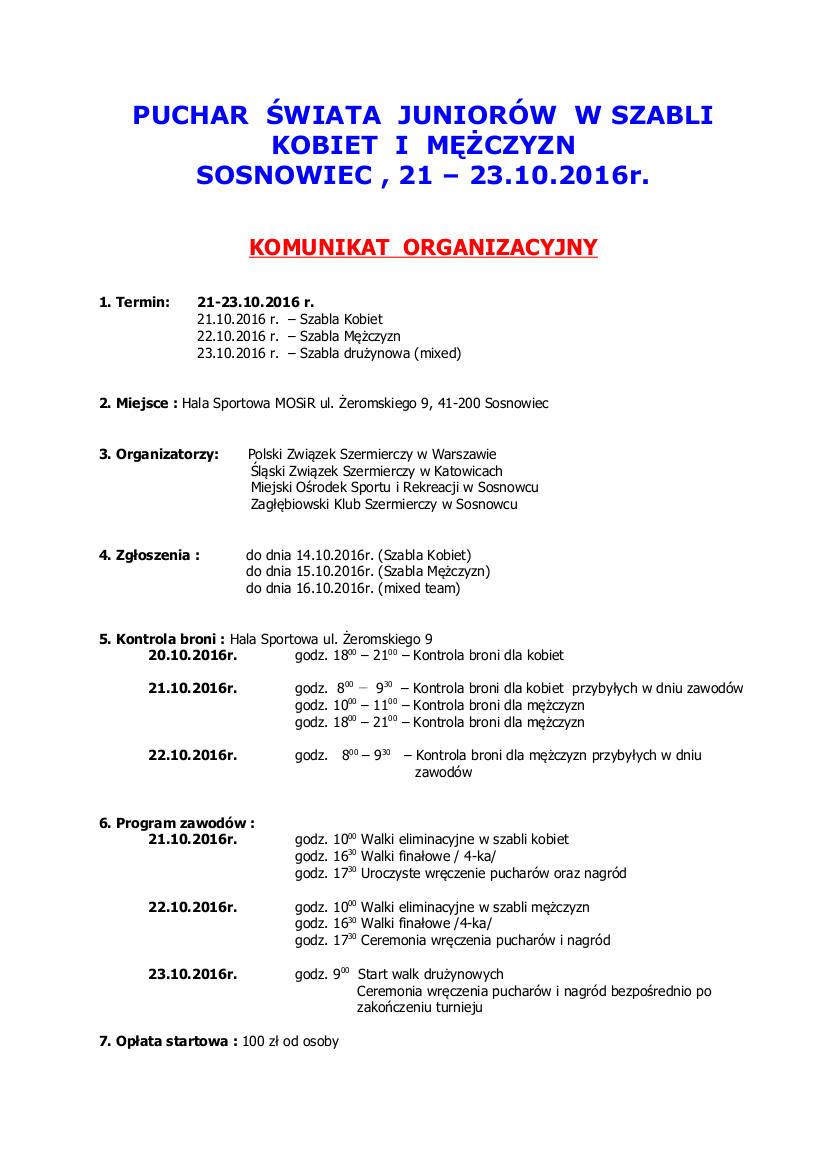 PSJ szabla PL2016 Komunikat turniejowy